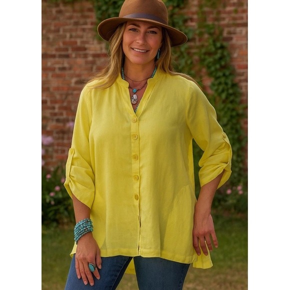 John Mark Tops - John Mark Women Yellow Linen XXL Button Down Tunic Top Roll Tab Sleeve Relaxed